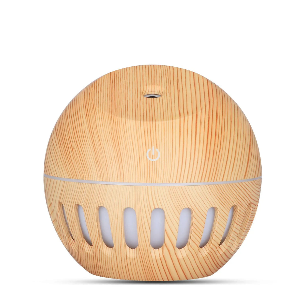 Portable USB humidifier in dark wood, light wood or white with 1 litre water tank and single fog outlet.