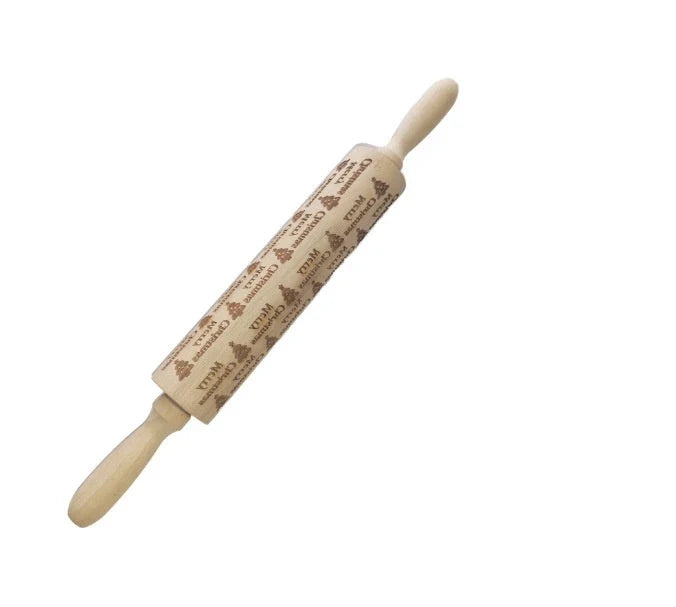 Festive rolling pin with embossed Christmas designs for easy imprinting on dough