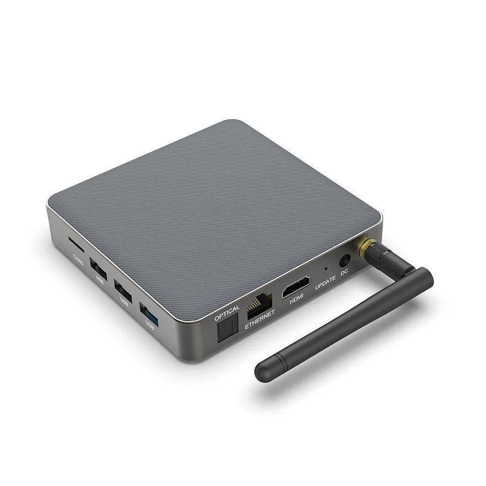 Android TV set-top box with remote control, supporting 8K resolution and Bluetooth.