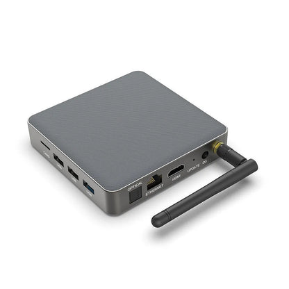 Android TV set-top box with remote control, supporting 8K resolution and Bluetooth.