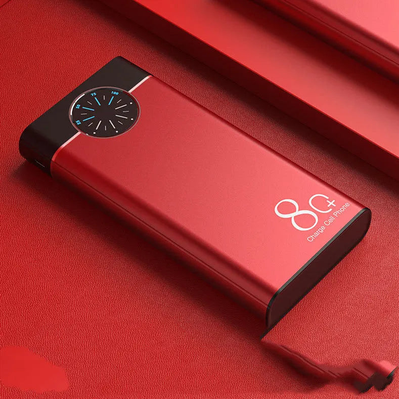 Black, red, and blue coloured 20000mAh fast charging portable power bank with alloy casing.