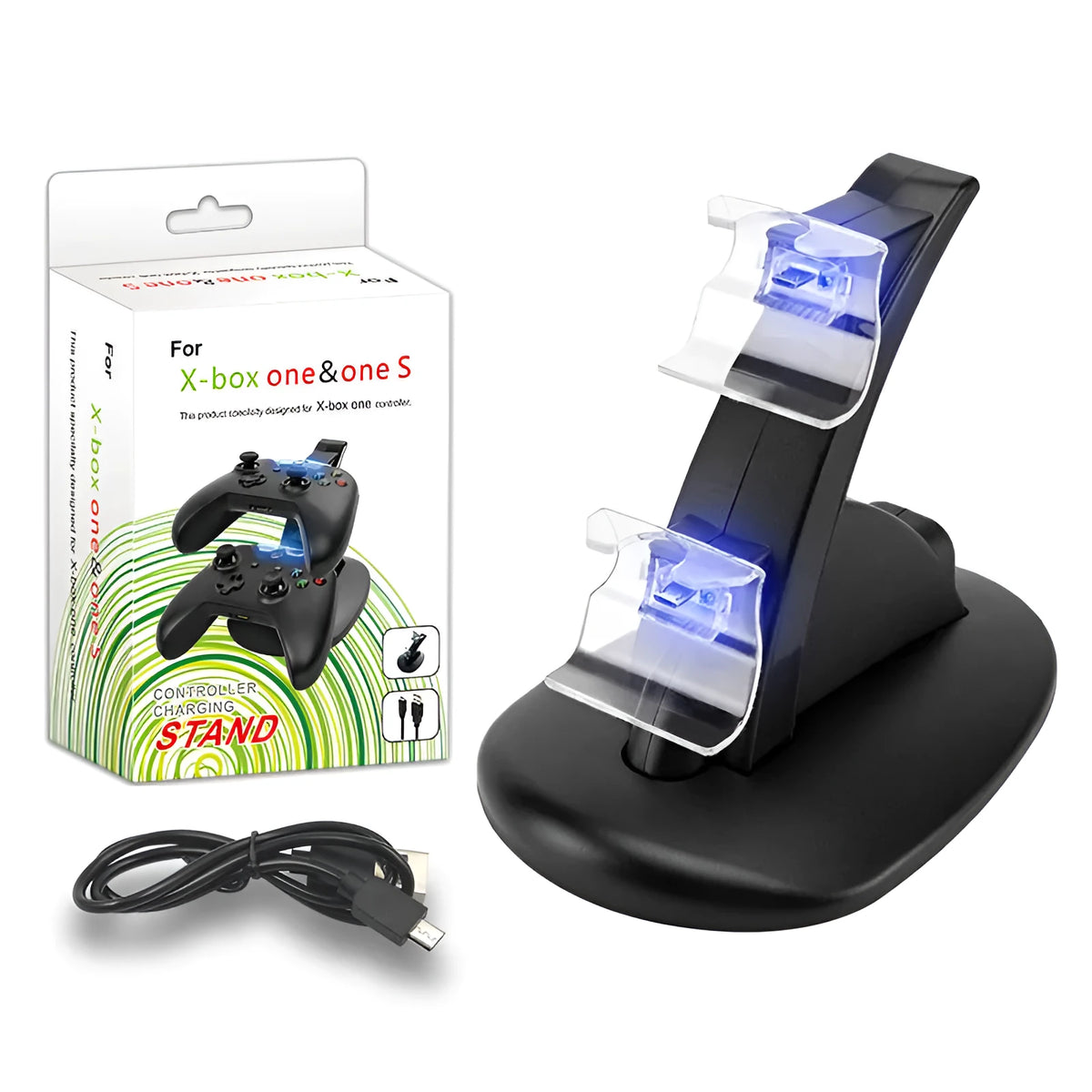 Black Xbox One dual controller charging station with two controllers docked