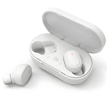 Black and white M1 wireless Bluetooth earbuds with a charging case on a neutral background.