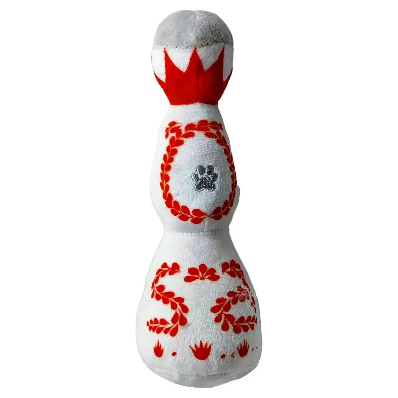Red and white tequila bottle plush dog toy with squeaker, 26 cm tall