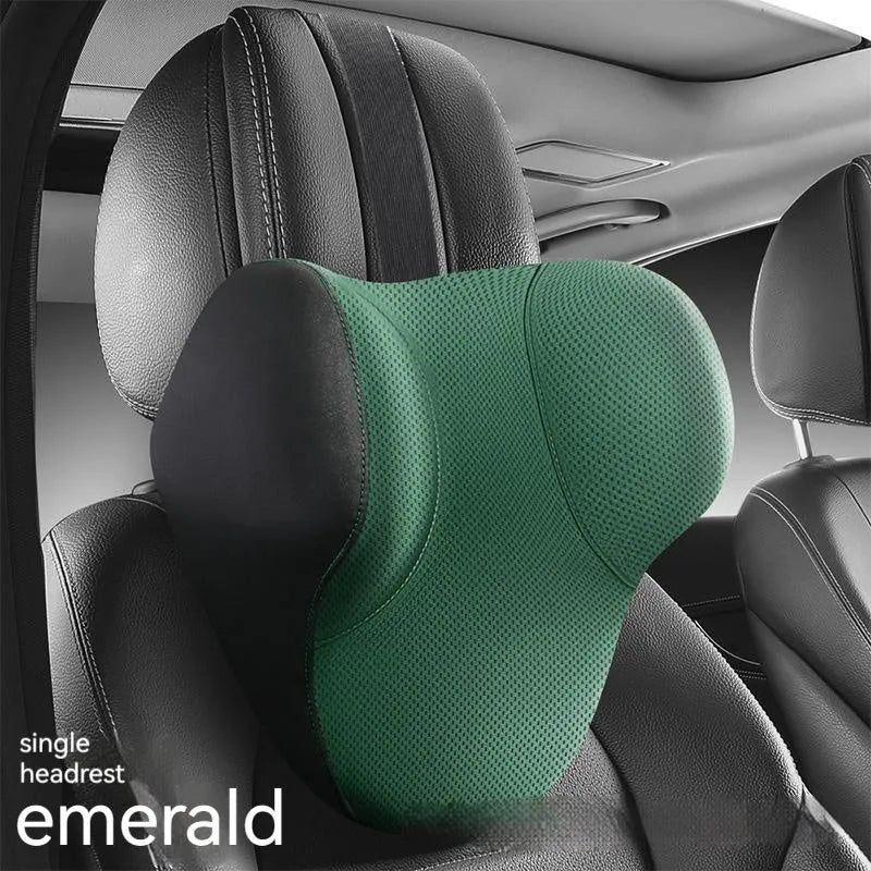 Memory foam car lumbar support pillow and matching headrest in knitted fabric with latex filler