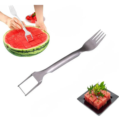 Stainless steel watermelon slicer and serving fork on a kitchen counter.