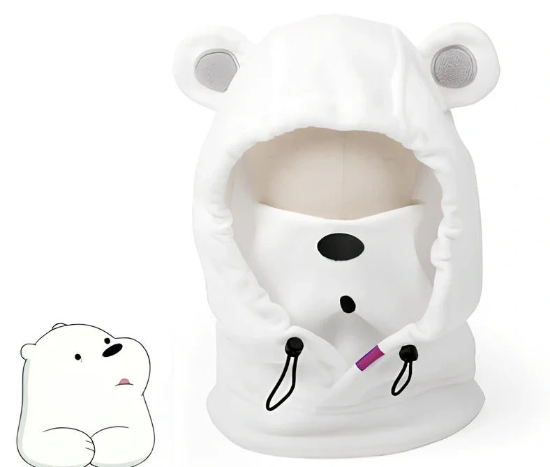 Ski helmet cover with cartoon animal designs including brown bear and white bear patterns for winter sports