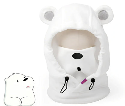 Ski helmet cover with cartoon animal designs including brown bear and white bear patterns for winter sports