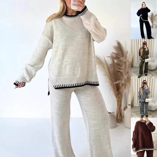 Stylish women's two-piece suit set with long-sleeved top and loose pants in various colours