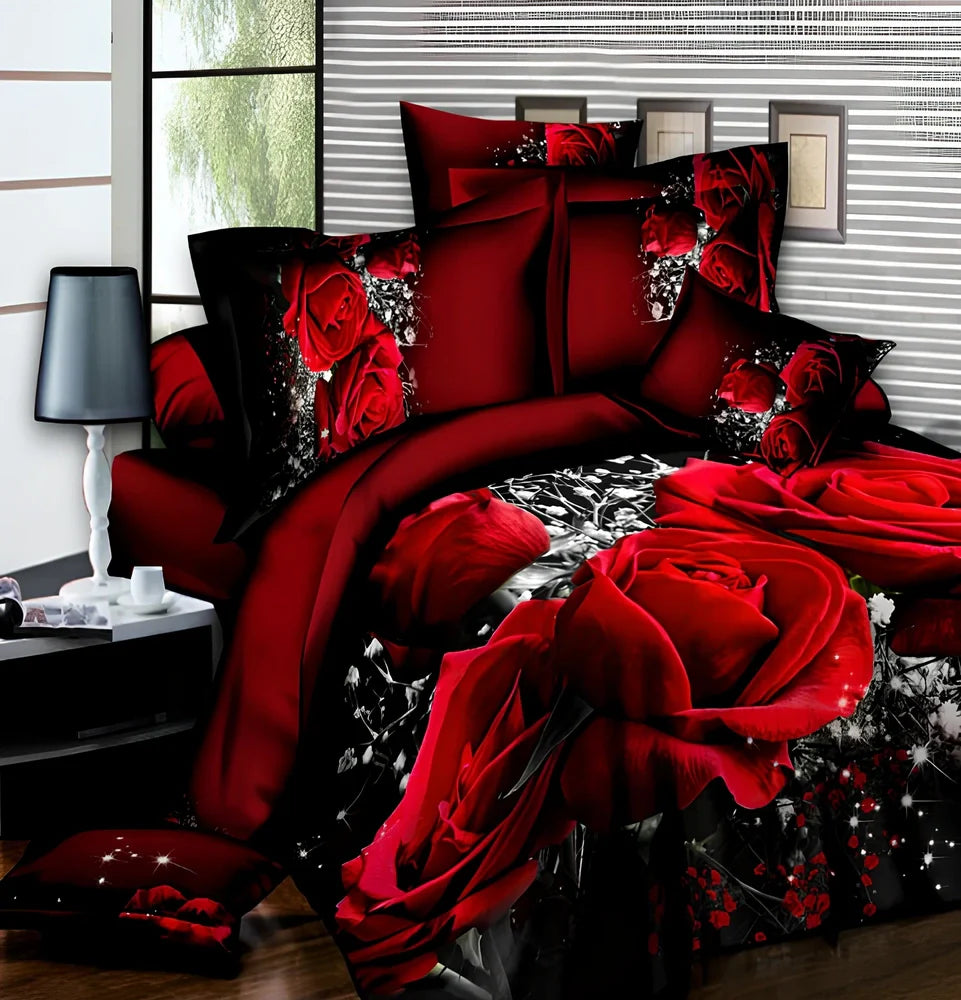 Brushed 3D floral four-piece bedding set in A Blue, showing 200x230cm quilt cover with raised pattern and matching pillowcases