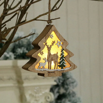 Set of four laser-cut wooden Christmas tree ornaments: old man, snowman, deer, and five-star snowman in mixed colours.