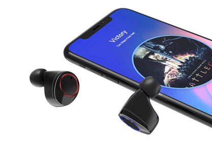 Black X11 true wireless Bluetooth earbuds with touch controls and a matching charging case.