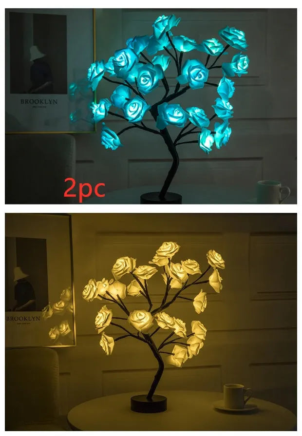 White and red rose flower LED lamp on a table with bonsai tree shape and warm white glow.