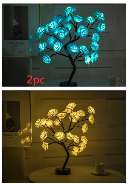 White and red rose flower LED lamp on a table with bonsai tree shape and warm white glow.