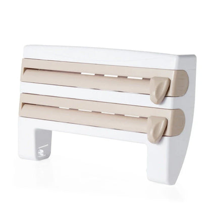 Multifunctional kitchen wall organizer with cling wrap, foil, and paper towel storage compartments and built-in cutting tools