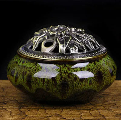 Retro ceramic incense burner in multiple glaze colours with 8cm diameter and 7cm height