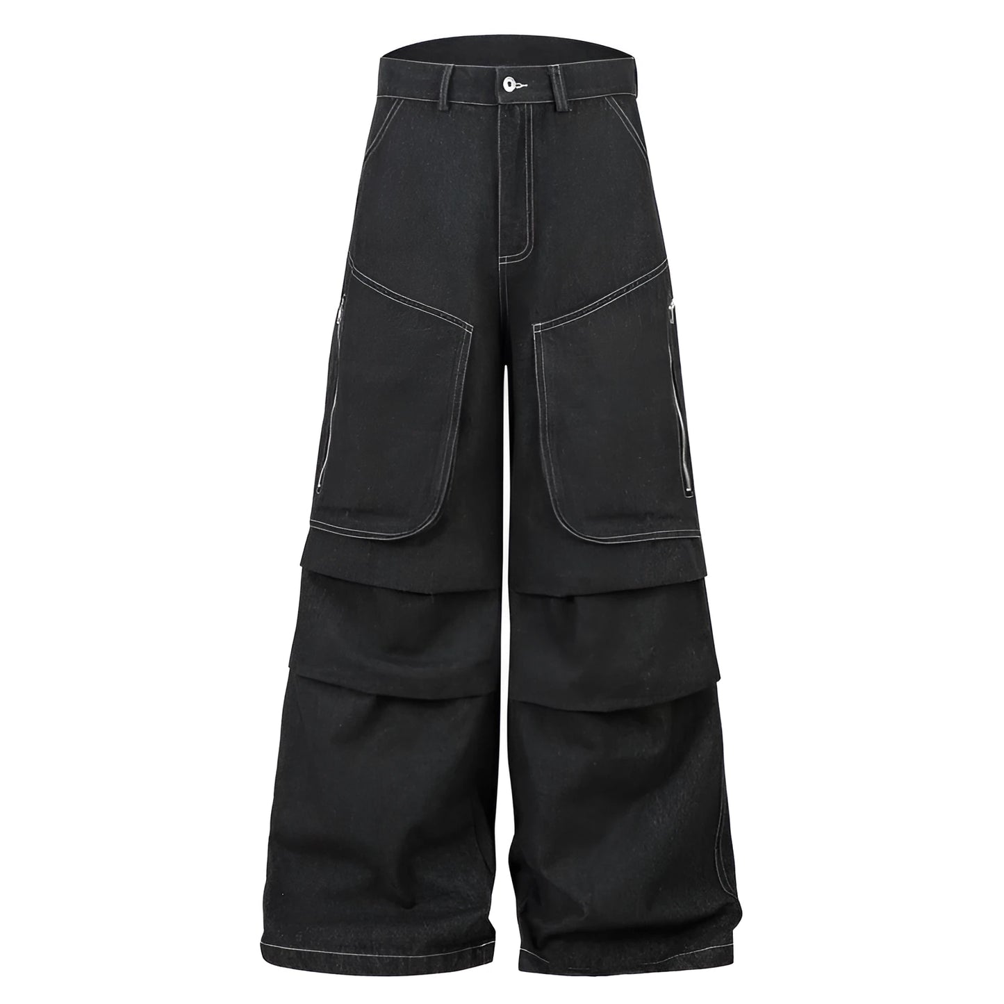 Black multi-pocket pleated workwear jeans with mid-waist fit and zip fly closure