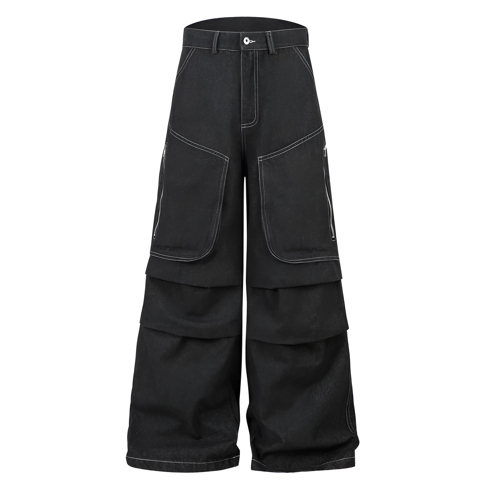 Black multi-pocket pleated workwear jeans with mid-waist fit and zip fly closure