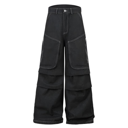 Black multi-pocket pleated workwear jeans with mid-waist fit and zip fly closure