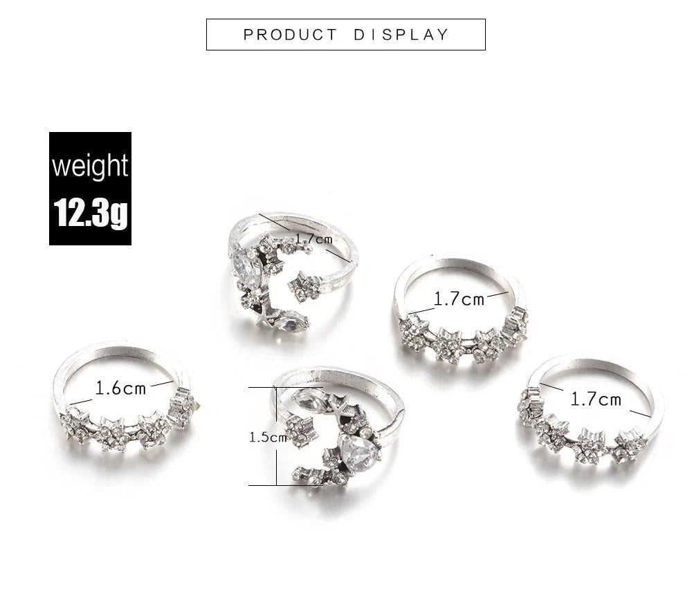 Diamond Set Ring with Star and Moon Crystal Design in Silver