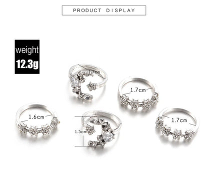 Diamond Set Ring with Star and Moon Crystal Design in Silver