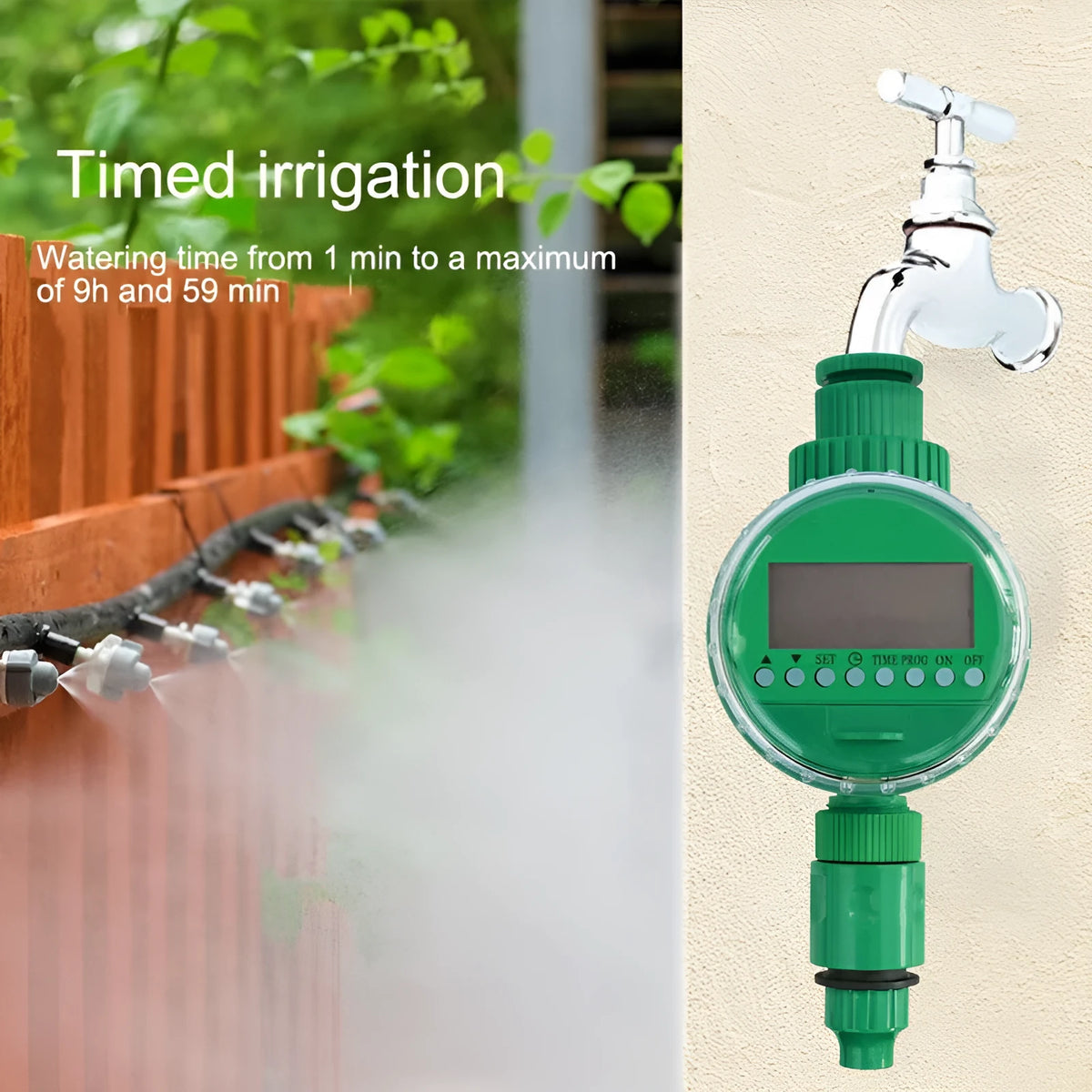 Green automatic watering timer for drip irrigation systems with household water flow compatibility