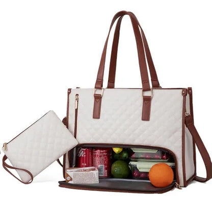 Women's quilted insulated lunch tote bag with laptop compartment and matching wallet in seven colour options