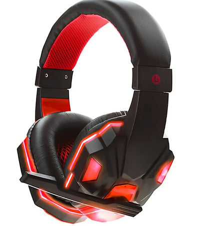 White 3.5mm gaming headset with red LED lights, head-mounted design and microphone for PC gaming