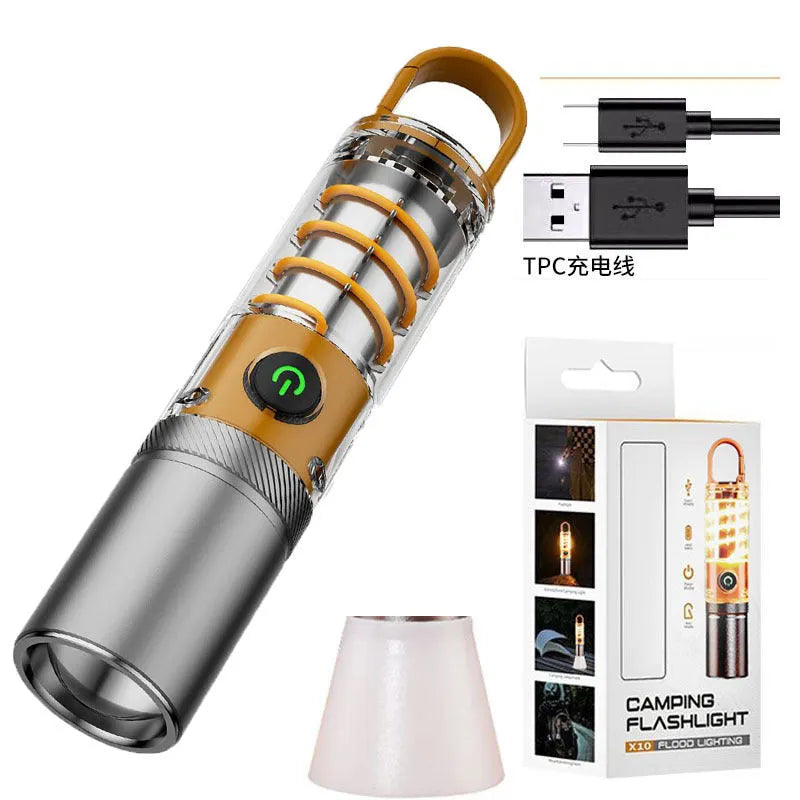 Orange or beige 10W rechargeable flashlight with hook, keychain, and optical zoom.