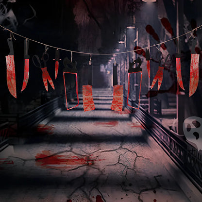 Halloween blood knife decoration set with 12 weapon props on 2.2 metre string