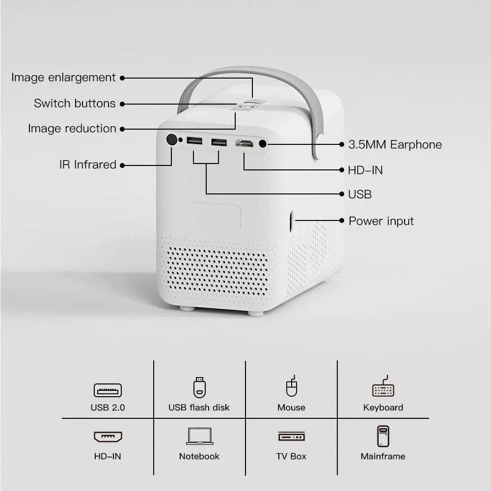 Black P10 2023 mini portable LCD projector with Android OS on a wooden table.