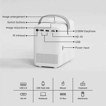 Black P10 2023 mini portable LCD projector with Android OS on a wooden table.
