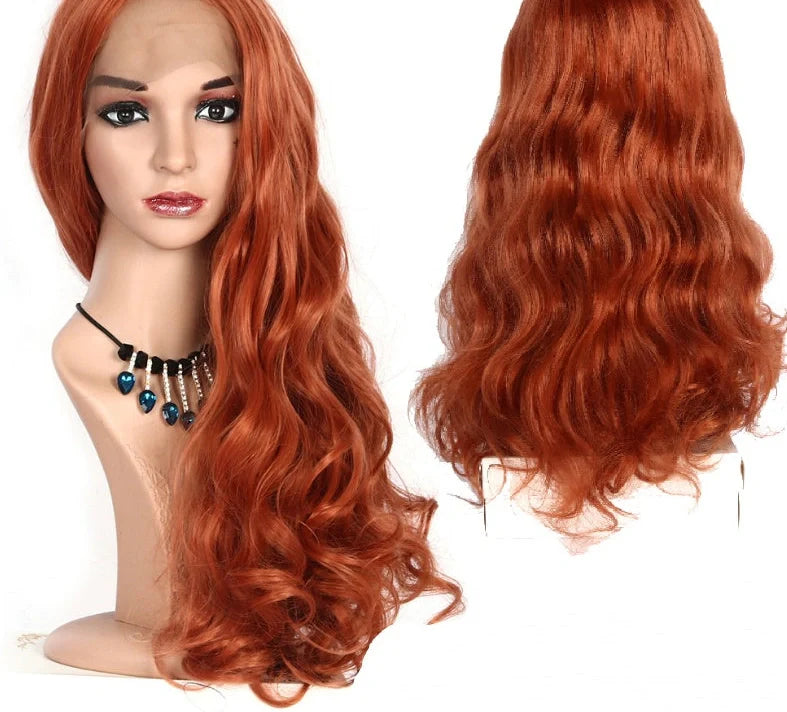 Golden brown medium long curly wig with natural matte hairline and 26-inch length