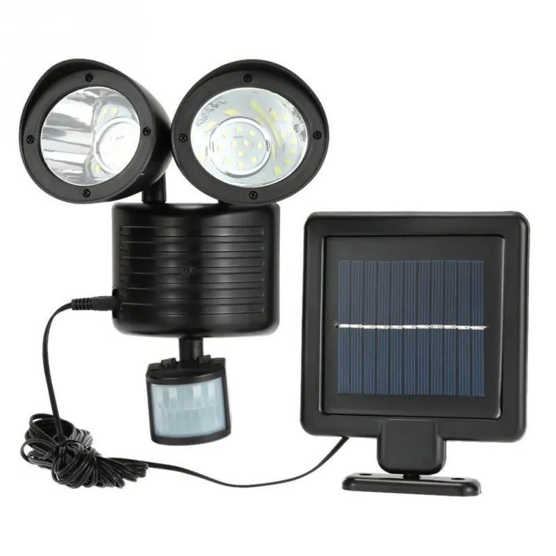 Black and white double head solar security spotlight with motion sensor for outdoor installation