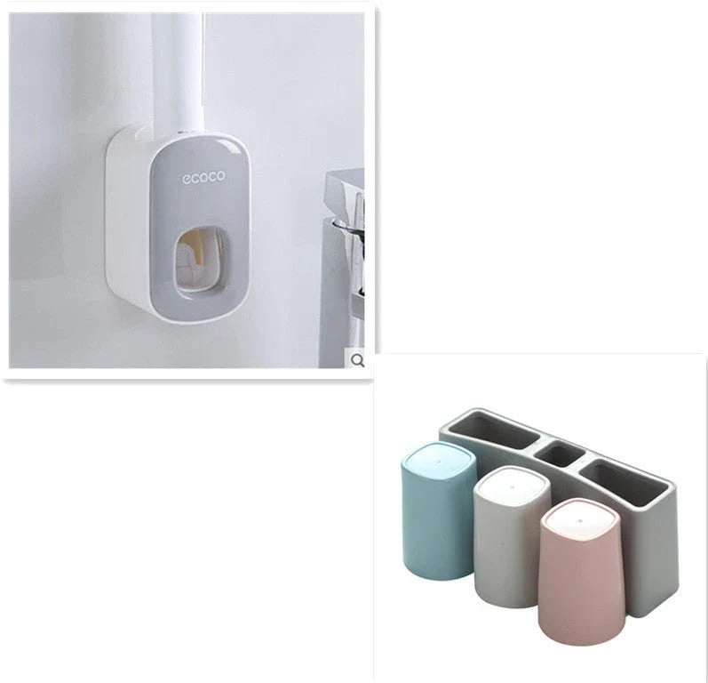 Wall-mounted automatic toothbrush holder with toothpaste dispenser and mouthwash cup for organized bathroom storage
