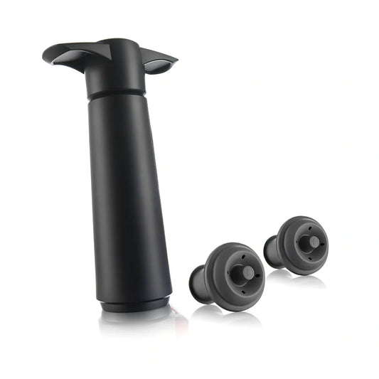 Black plastic vacuum wine stopper with pump and two rubber seals, 14.5cm length for air-tight bottle preservation