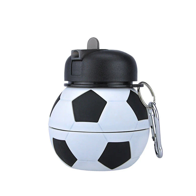 Collapsible football-shaped silicone water bottle with straw, featuring a foldable and leak-proof design for sports and travel