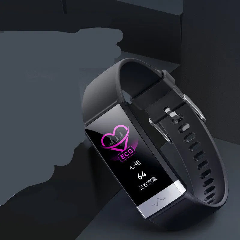 V19 smart fitness tracker in black on a wrist, showing heart rate and SpO2 data on its colour screen.