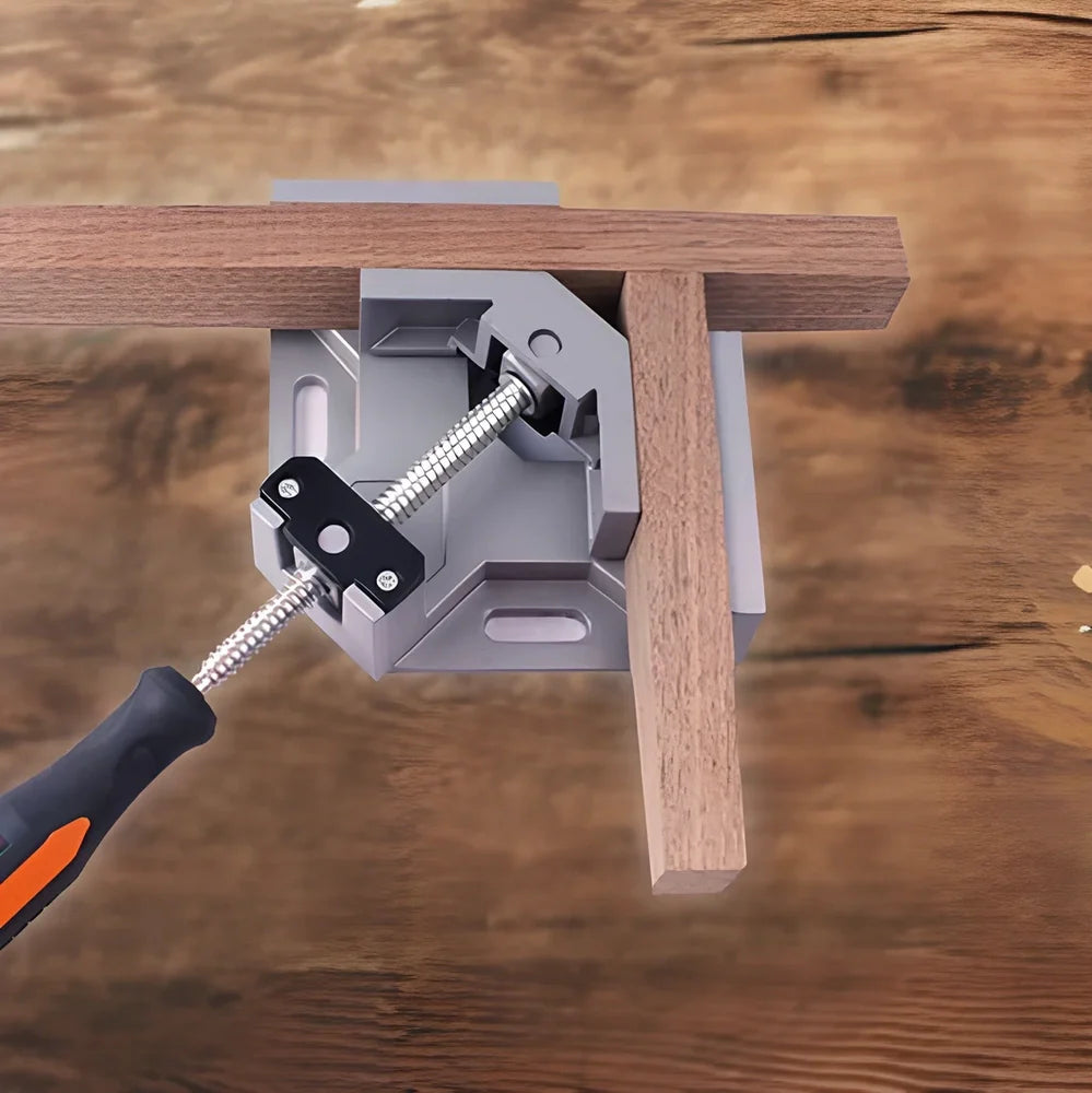 Corner Perfecter 90-degree right angle welding and woodworking fixture with adjustable jaws and rubber handle