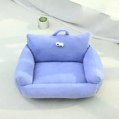 Cartoon big eye pet sofa kennel bed in blue colour with moon velvet fabric and PP cotton filling
