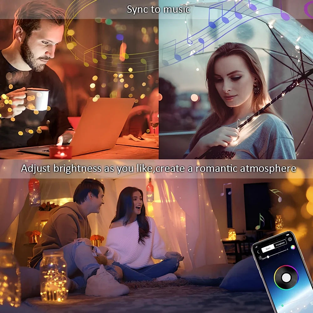 Bluetooth APP-controlled LED light string with flexible copper wire and plastic shell for indoor decoration