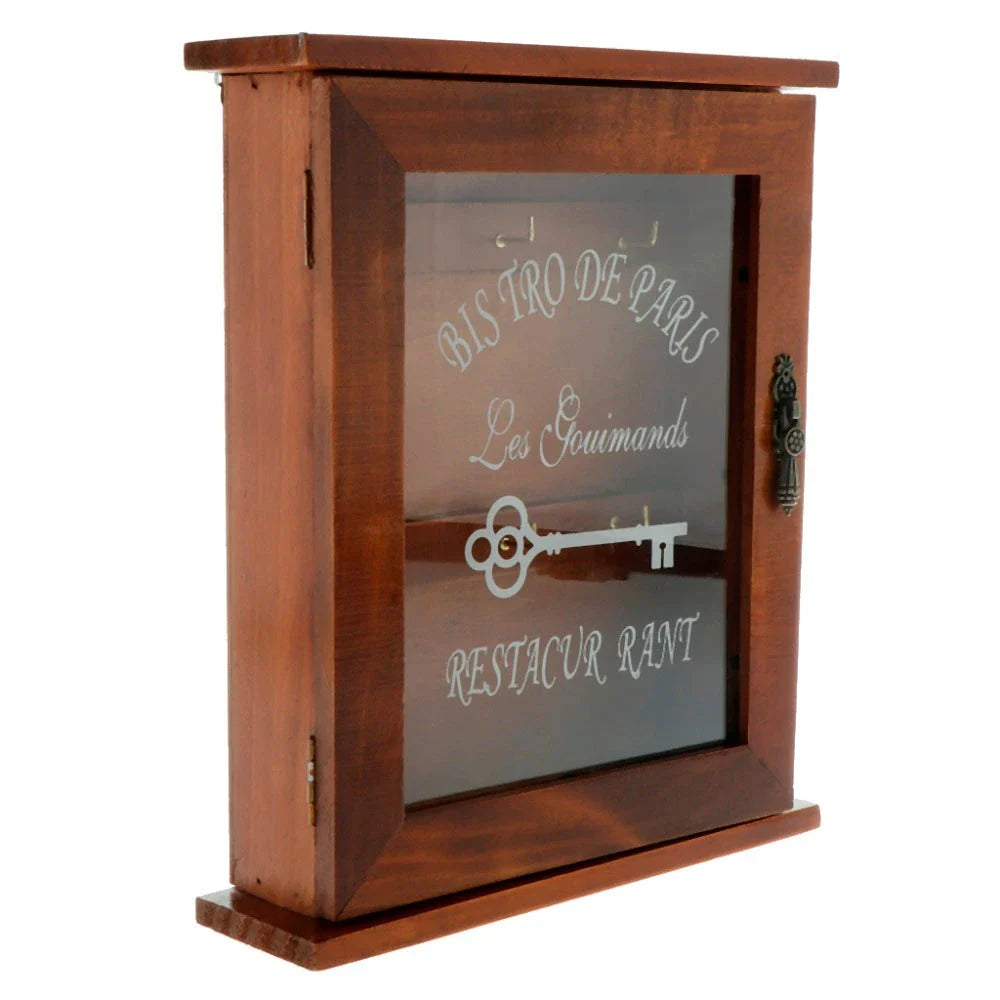 Vintage-style wooden key cabinet with 6 hanging hooks, available in blue and bronze colours
