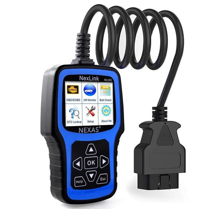 NexLink Nexas NL101 OBD2 car diagnostic scanner and code reader on a dark background.