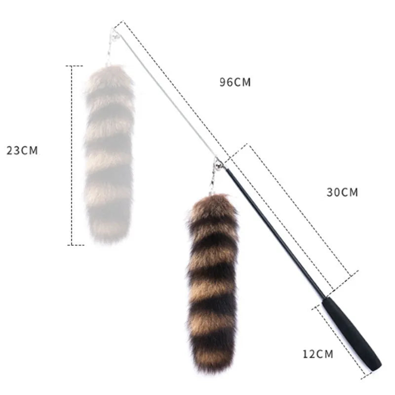 Black cat toy wand with a long elastic string and a feather teaser catcher for interactive play.