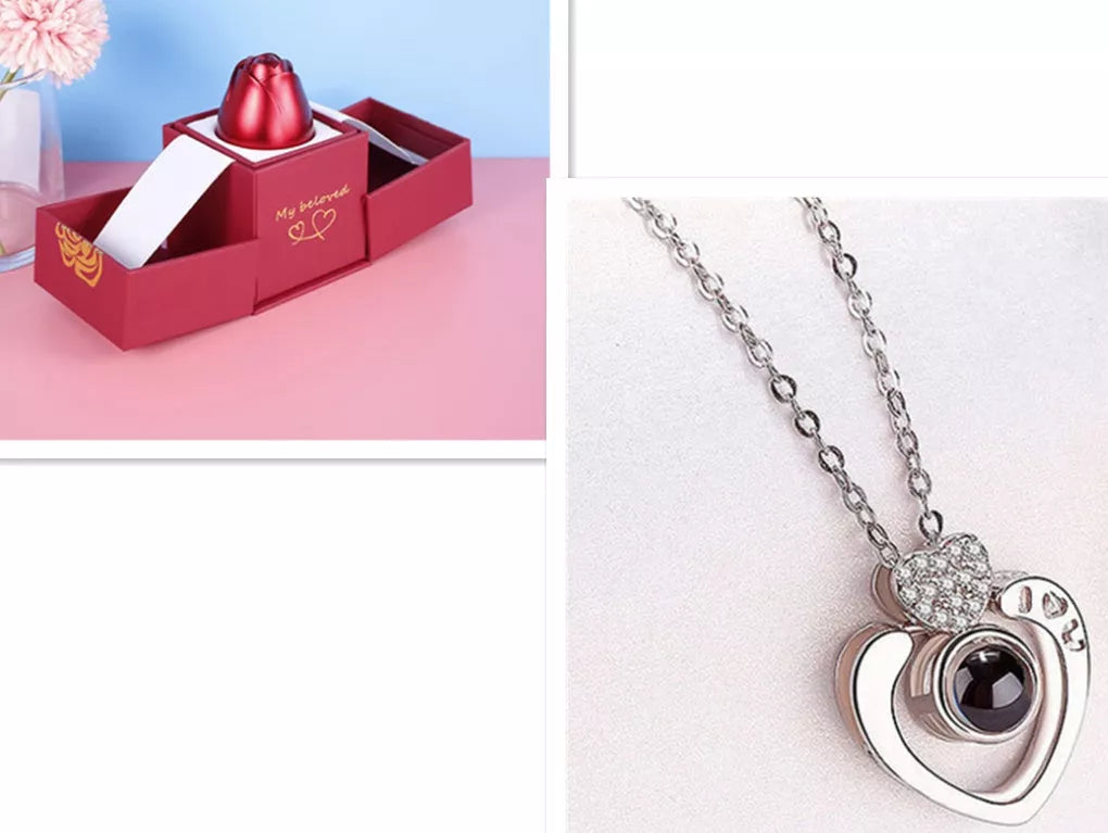 Valentine's Day Metal Rose Jewelry Gift Box Necklace with adjustable crystal necklace and maroon gift box