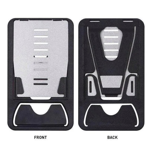 Black matte finish card phone holder with lazy bracket design on desktop