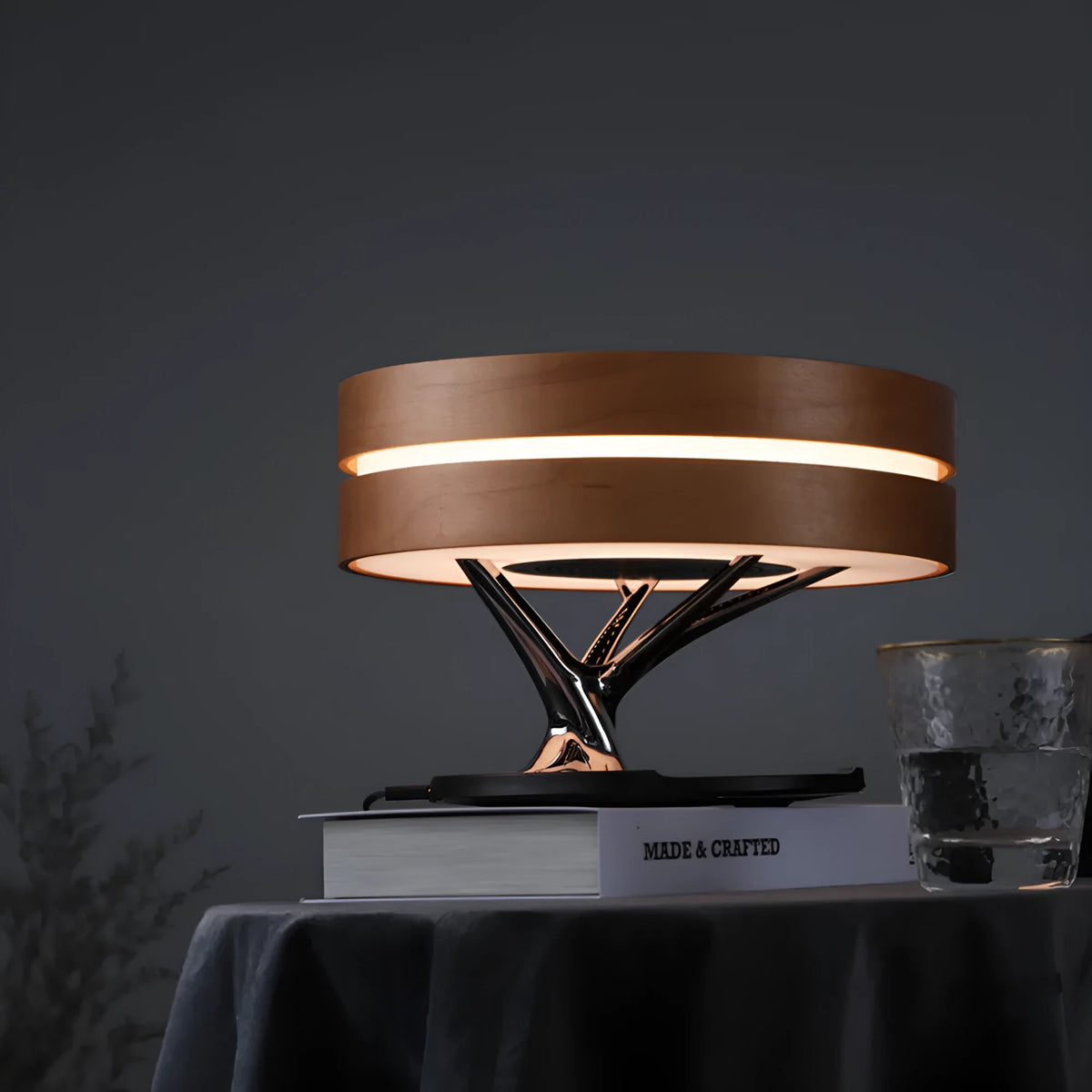Round maple ABS+PC bed lamp with Bluetooth speaker, wireless charging, and circular tree LED light, 300 x 300 x 215mm