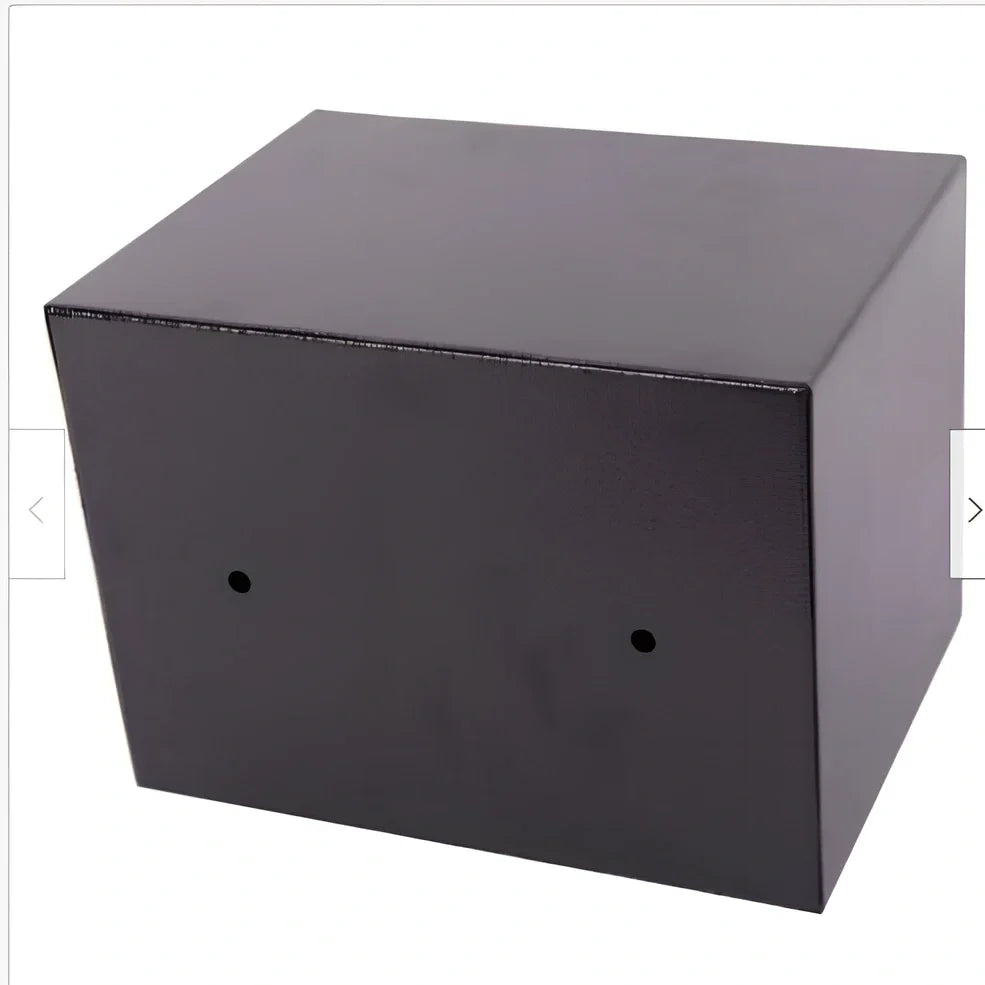 White mini office safe 230x170x170mm with password lock and 1/2mm panels on desk