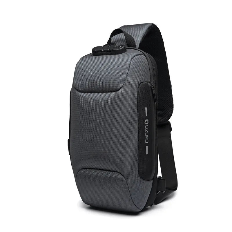Anti-theft USB chest bag in Oxford cloth with zip closure, square vertical section, and polyester lining, shown in dark blue.