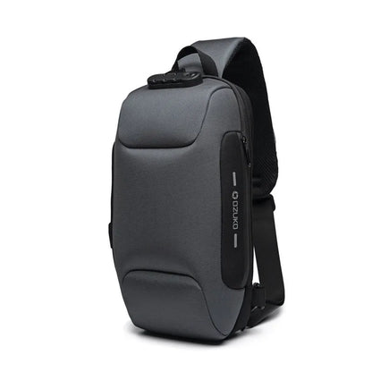 Anti-theft USB chest bag in Oxford cloth with zip closure, square vertical section, and polyester lining, shown in dark blue.